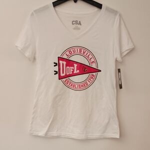 White V-Neck Tee with Red University Of Louisville Graphic
